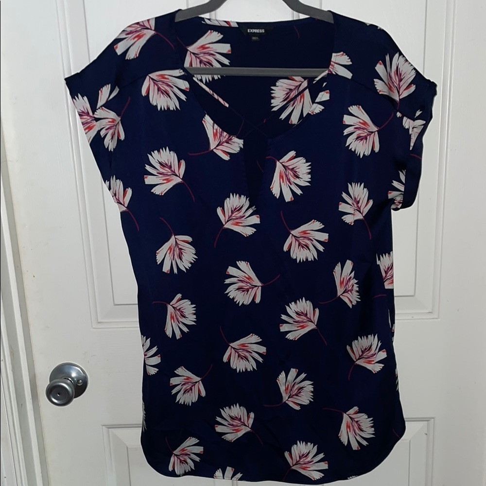 Express Blue and Pink Short Sleeve Relaxed Blouse